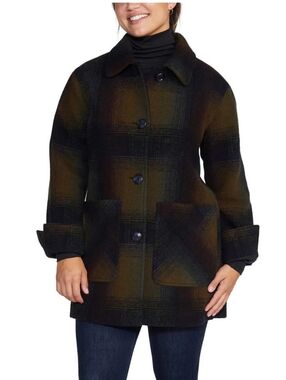 Pendleton Brown Plaid Wool Topper Coat - Brown/Olive